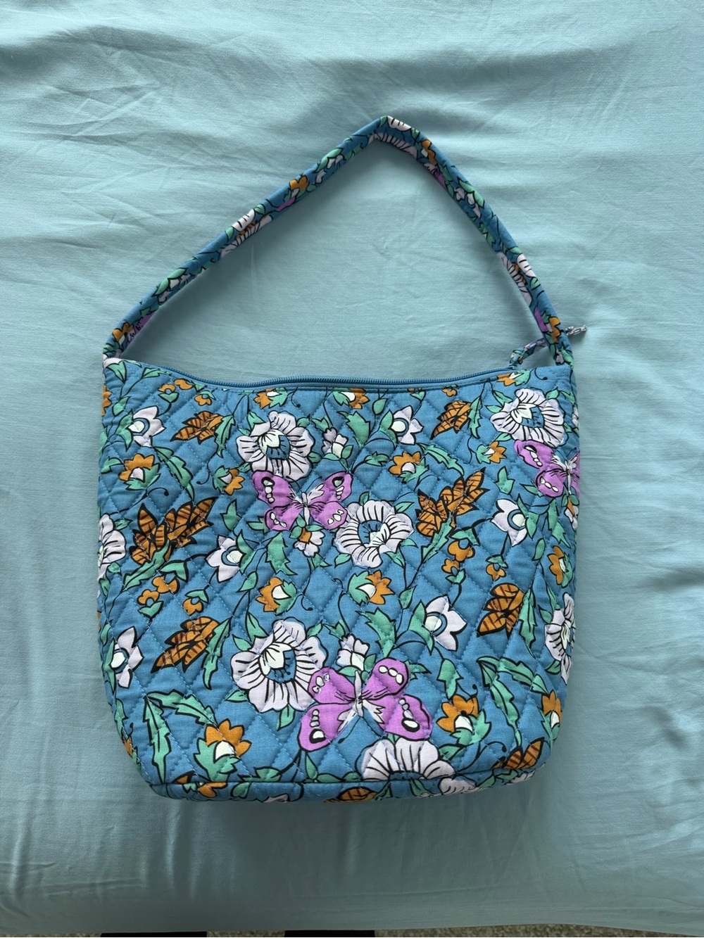 Vera Bradley Floral Quilted Blue Shoulder Bag with Purple Accents